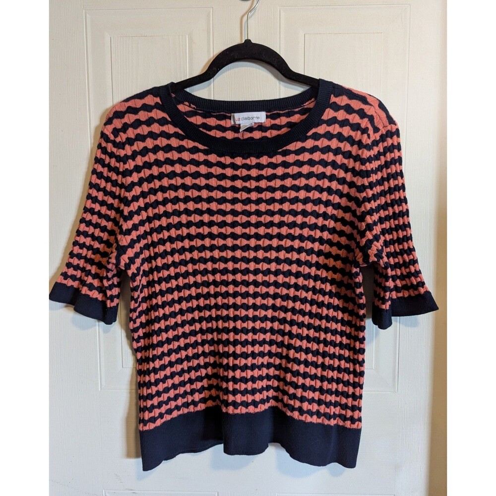 Vintage Liz Claiborne XL Coral Navy Striped Knit Crew Neck Short Sleeve Sweater